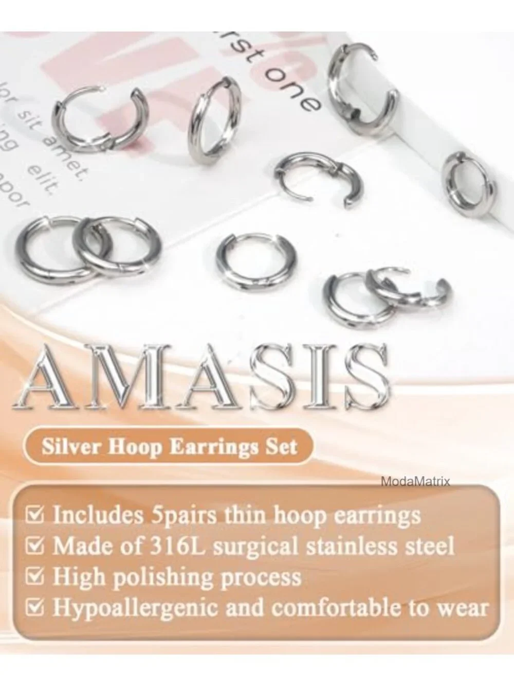 Stainless Steel Huggie Hoop Earrings Set 6mm-10mm, 5 Pairs Multipack